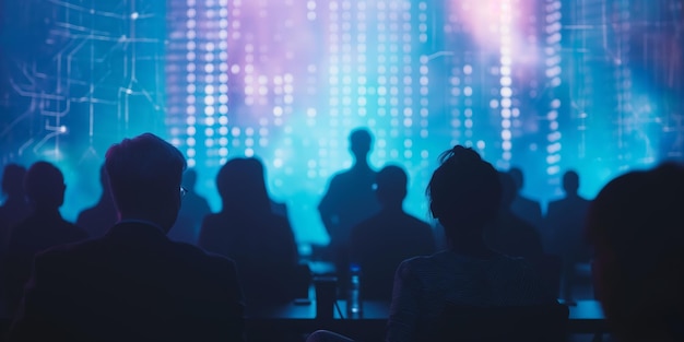 Photo corporate conference attendees in silhouette against futuristic digital display