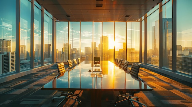 Corporate conference room with a long table and city view at sunset through floortoceiling windows