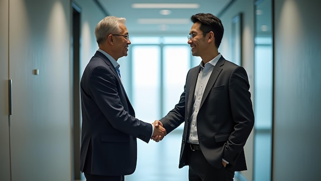 Corporate Diversity Businessmen Shaking Hands in Office Corridor