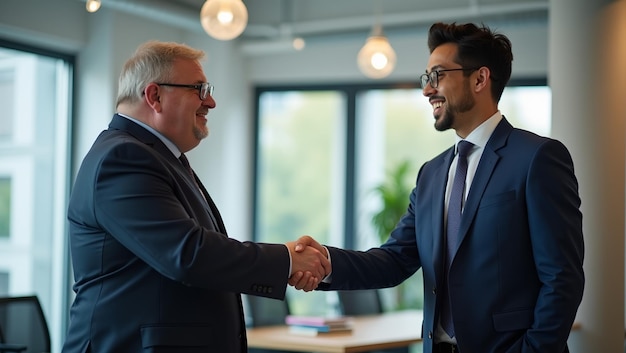 Corporate Diversity White and Asian Businessmen Shaking Hands in Office Setting