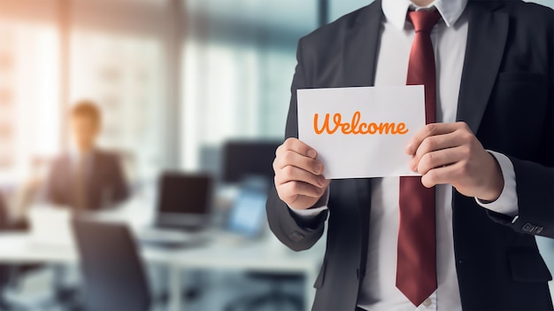 Corporate employee half picture in front office desk and holding welcome text paper inscription