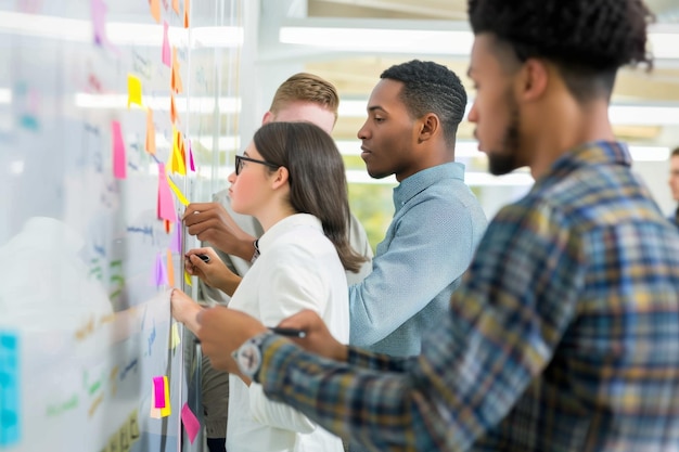 Photo corporate employees using kanban technique for brainstorming in conference room multiracial project