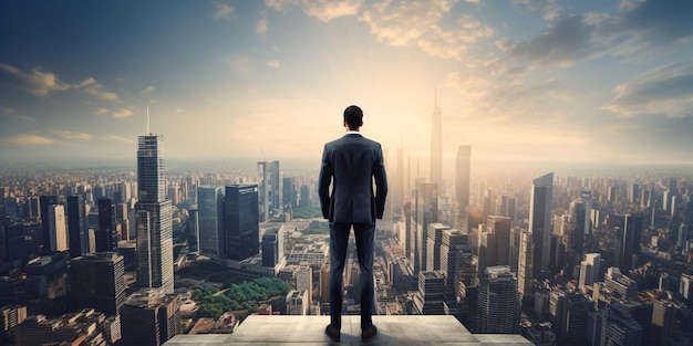 A corporate executive contemplates his future and career goals on a city rooftop envisioning success as a leader in the company