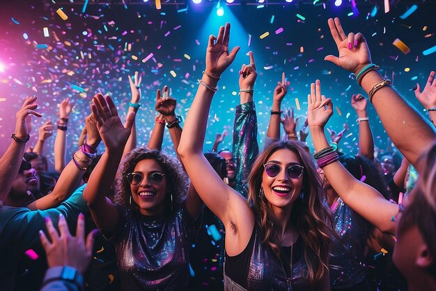 Photo corporate festival buddies at neon disco with confetti and hands up