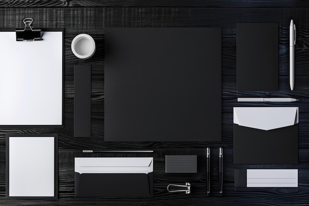 Photo corporate identity template blank stationery set on black stylish wood