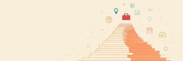 Photo corporate journey represented by a red staircase ascending into the distance with scattered business icons on a light beige background symbolizes career progression and leadership