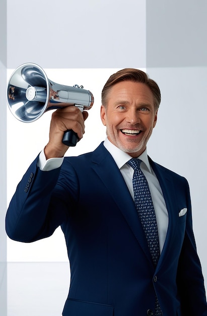 Corporate man with Handheld Megaphone announcing