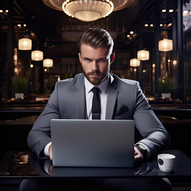 Corporate man with suit and a stylish tie seated with a laptop