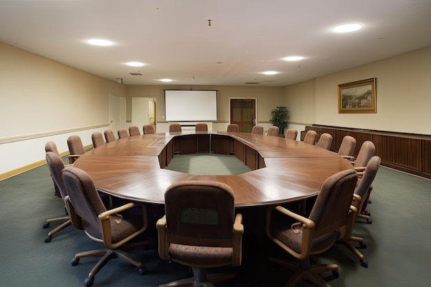 Corporate meeting room with large oval table and chairs in the center of the room created with gener