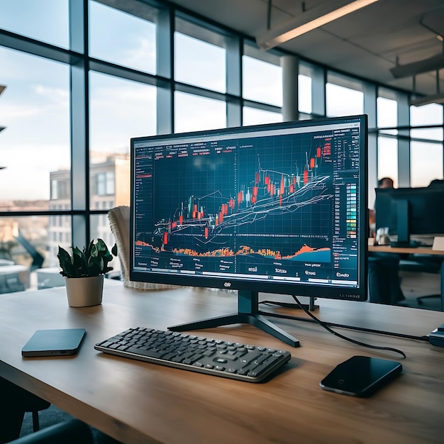 Corporate Office with Heatmap Monitor Showcasing Market Trends and Stock Performance