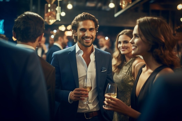 Corporate Party in Office Group of Attractive Smiling Business Colleagues Enjoying a Glass of Wine