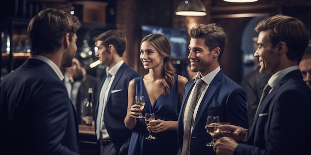 Corporate Party in Office Group of Attractive Smiling Business Colleagues Enjoying a Glass of Wine