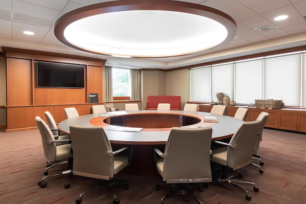 Corporate room with large round table and chairs for team brainstorming created with generative ai