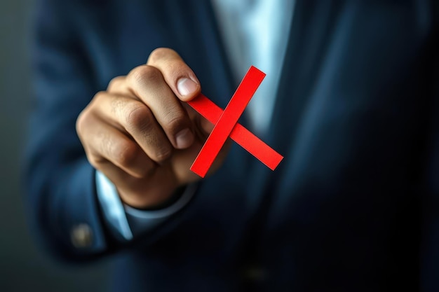 Photo in a corporate setting a businessman holds a red fail tick expressing the outcome of a failed venture