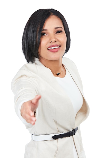 Corporate studio portrait black woman and handshake with welcome onboarding or respect by white background Isolated manager hr expert or ceo leader with hand shake for human resources recruitment