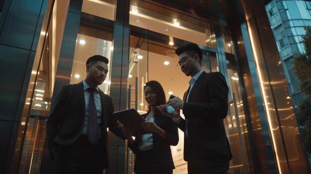 Corporate team discussion outdoors at dusk