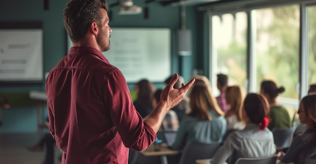 Photo corporate trainer conducting interactive workshop