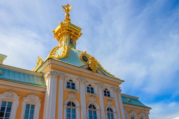 Corps under Coat of Arms of Grand Palace in Peterhof in St Petersburg Russia The Peterhof Palace and Gardens complex is a UNESCO World Heritage Site