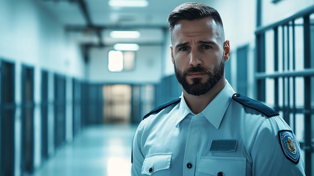 Photo a correctional officer standing confidently in a modern prison facility wearing a uniform and looking directly at the camera