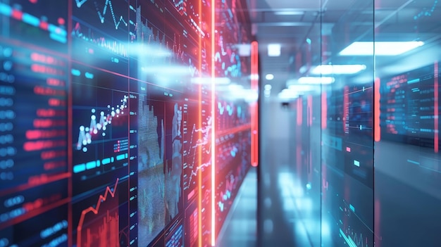 A corridor in a futuristic data center illuminated by the glow of screens displaying complex financi