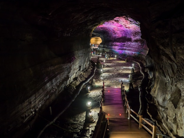 The corridor inside the Manjanggul cave with lights to watch the flow of lava flows.  At Jeju Island, South Korea.