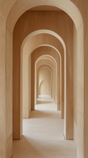 Photo a corridor lined with smooth wooden arches invites light enhancing the serene and spacious atmosphere