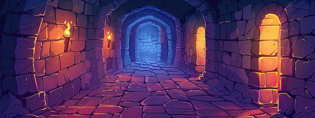 A corridor in a medieval dungeon with stone walls and torches on them