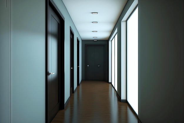 Corridor in modern light interior with dark doors in empty office e