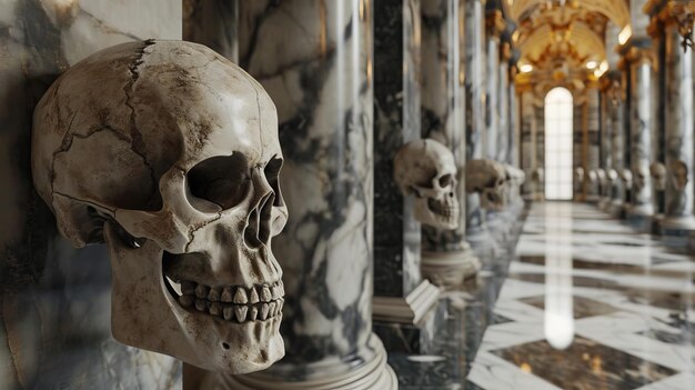 Photo a corridor in a richly decorated museum adorned with skulls