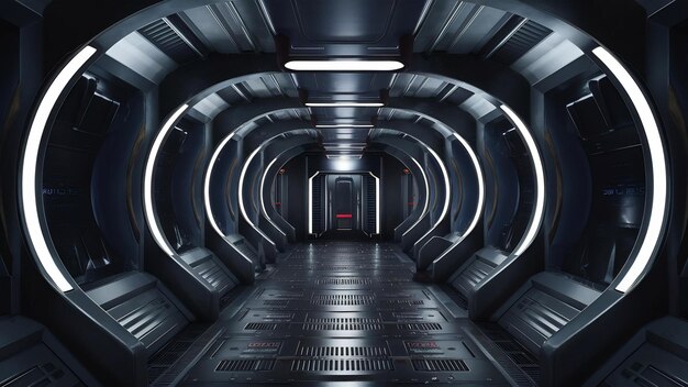 Corridor spaceship interior scifi fiction concept 3d rendering