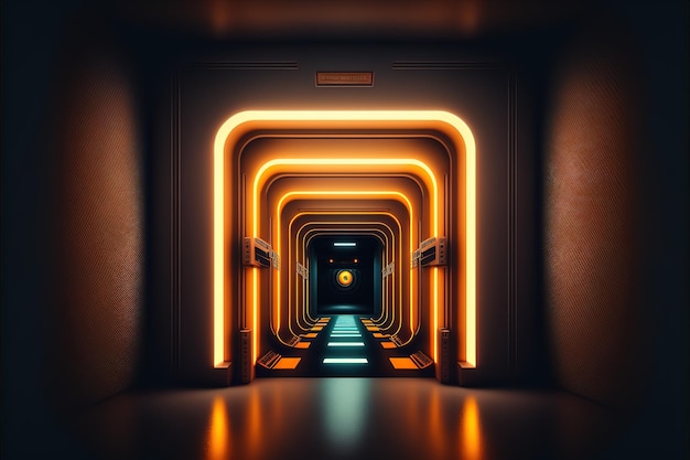 Corridor with neon light High tech scifi passageway Metal reflection of light