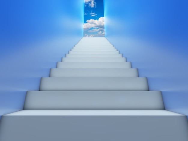 A corridor with stairsl eading to the sky with clouds. 3d render.