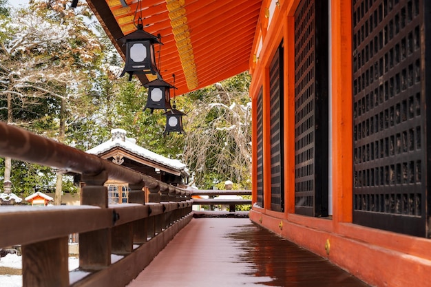 Corridor of Yasaka Shrine with snow in winter Gion Shrine Kyoto Japan