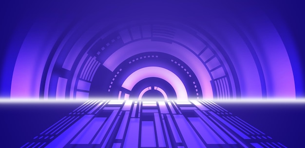 Corridors and entrances resemble abstract tunnels glowing corridors Dark blue and neon background