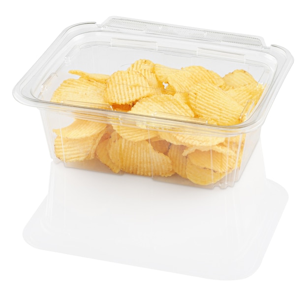 Corrugated chips in a disposable food container isolated on white with clipping path