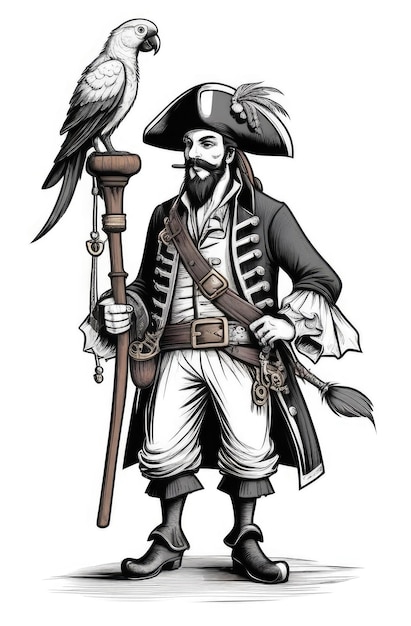 corsair holding parrot black and white pirate engraving illustration on white background