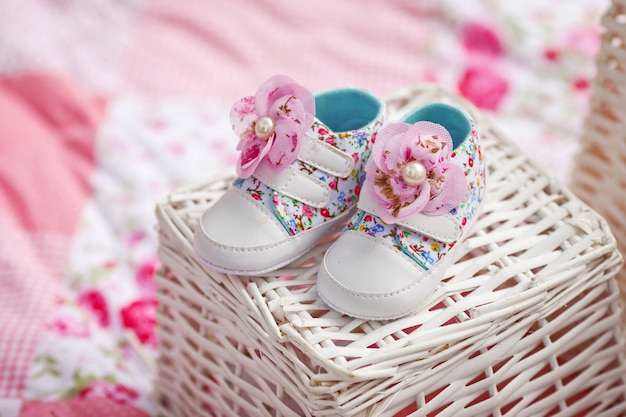 Photo cose-up of baby girl shoes.