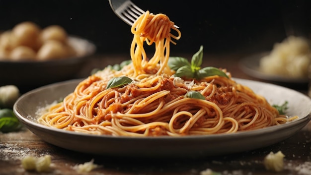 Coseup shot of a fork lifting a delicious twirl of classic spaghetti from a plate