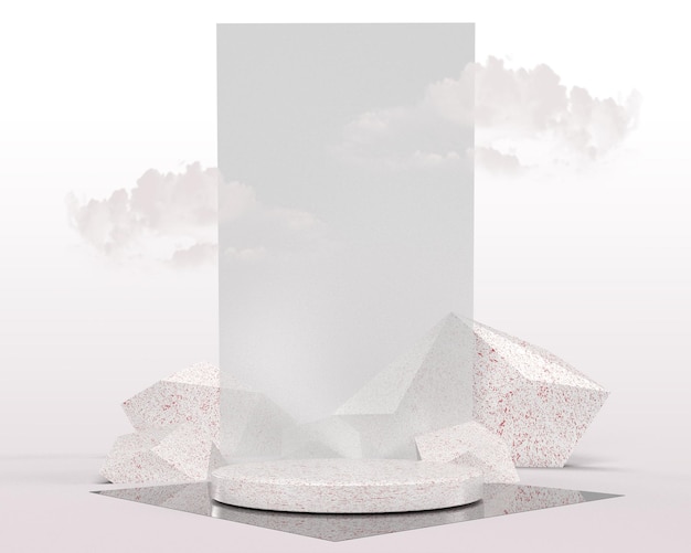 Cosmetic background for product presentation white podium display on white rock with cloud 3d render