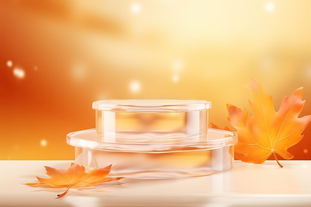 Cosmetic background with autumn leaves in orange and yellow White podiums for cosmetics on a blurred