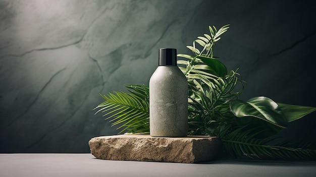 Photo cosmetic bottle mockup on stone podium with tropical vibes