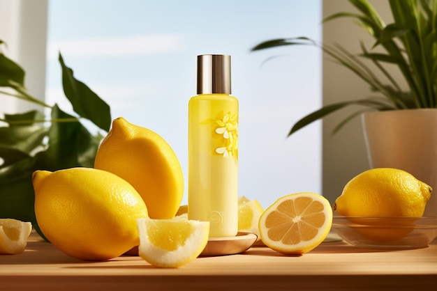 A cosmetic bottle product for skin care mockup Natural ingredients lemon natural cosmetics AI