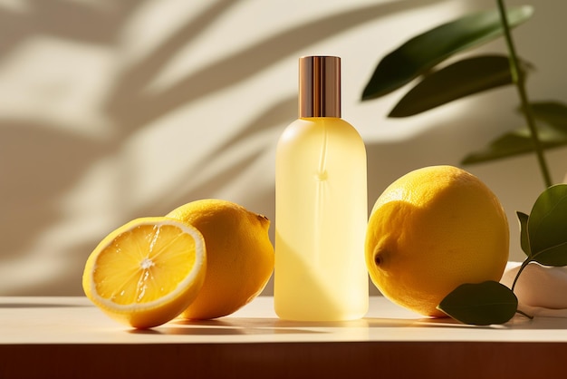 A cosmetic bottle product for skin care mockup Natural ingredients lemon natural cosmetics AI