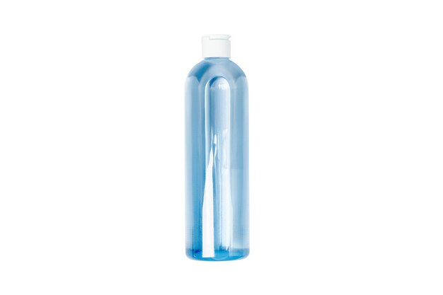 Cosmetic bottle with blue tonic water liquid Isolated on a white background View from above