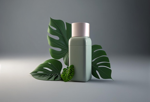 Cosmetic bottle with green leaves on a gray background 3D rendering generative ai