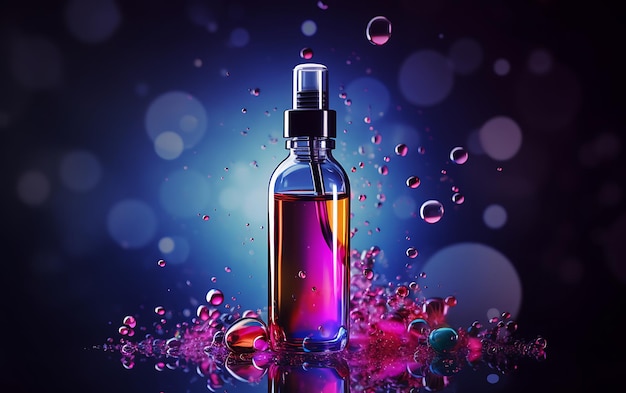 Cosmetic bottle with pipette and bubbles on dark background 3d illustration