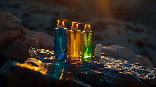 Photo cosmetic bottles on the beach at sunset concept of health and beauty