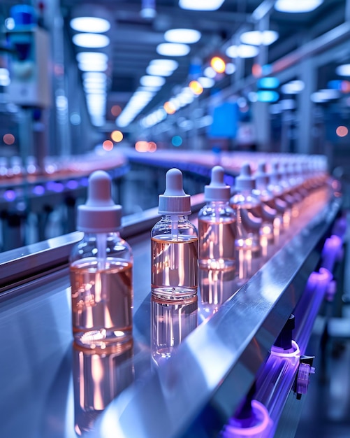 Photo cosmetic bottles on production factory