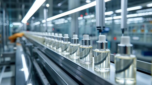 Photo cosmetic bottles on production factory