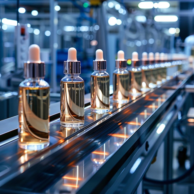 Cosmetic bottles on production factory